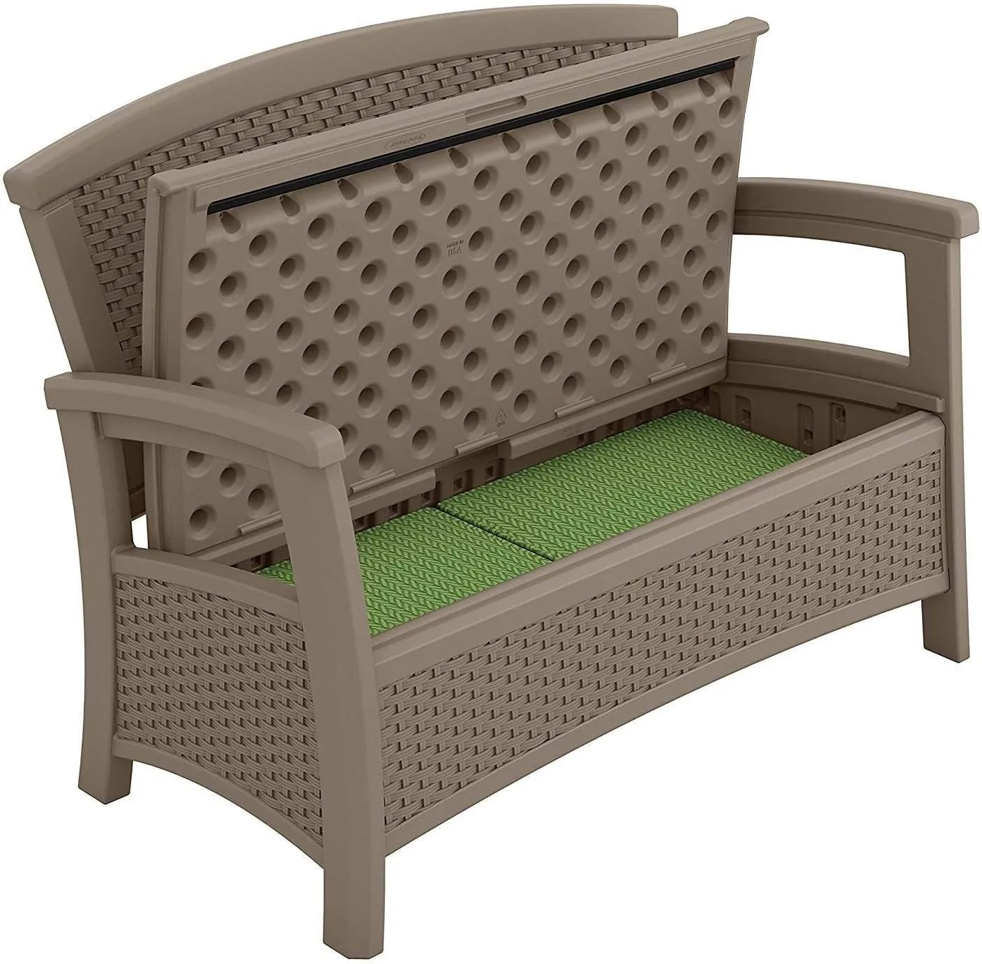 Suncast Elements Loveseat with Storage - Lightweight, Resin, All-Weather Outdoor Loveseat Chair - Wicker Patio Decor with Built in Storage Capacity up to 23 Gallons - Dark Taupe