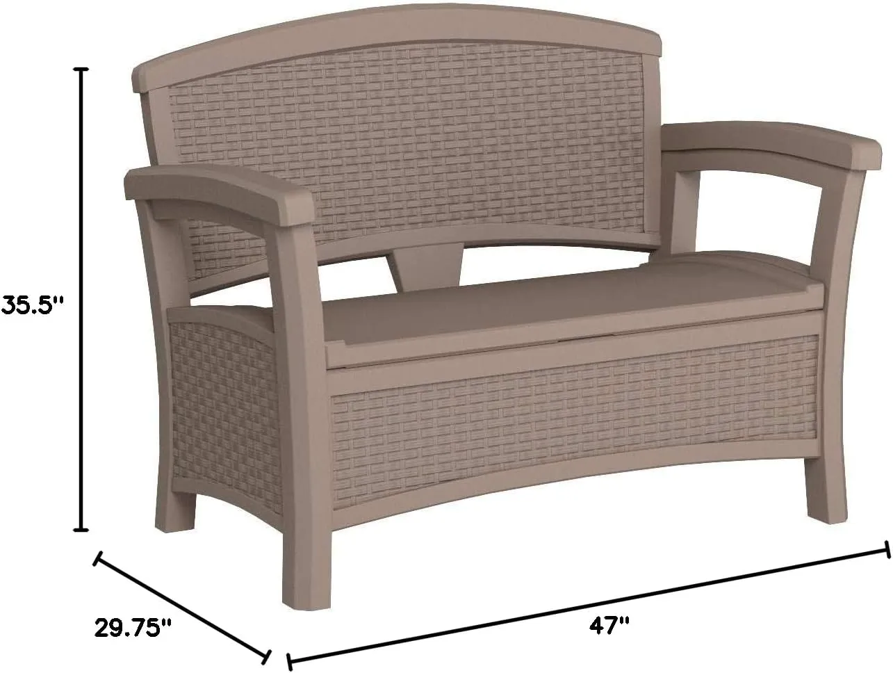 Suncast Elements Loveseat with Storage - Lightweight, Resin, All-Weather Outdoor Loveseat Chair - Wicker Patio Decor with Built in Storage Capacity up to 23 Gallons - Dark Taupe