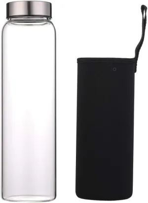 sunkey Glass Water Bottle 32 oz High Borosilicate with Neoprene Sleeve Leak Proof Lid Reusable Eco Friendly Bpa Free