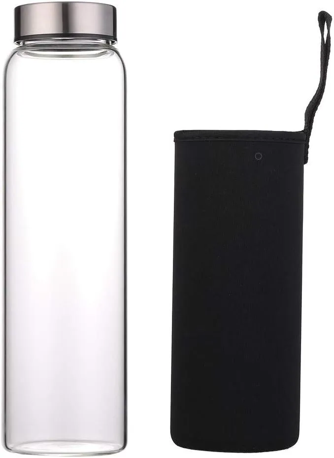 sunkey Glass Water Bottle 32 oz High Borosilicate with Neoprene Sleeve Leak Proof Lid Reusable Eco Friendly Bpa Free