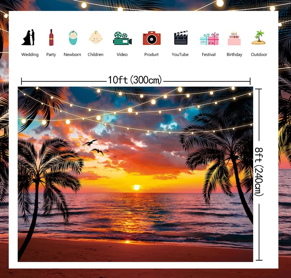 Sunset Beach Backdrop Seaside Palm Tree Photography Background Summer Tropical Hawaii Scenery Banner for Aloha Luau Wedding Holiday Birthday Party Decorations Supplies (120x96 inch (10x8FT))
