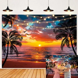 Sunset Beach Backdrop Seaside Palm Tree Photography Background Summer Tropical Hawaii Scenery Banner for Aloha Luau Wedding Holiday Birthday Party Decorations Supplies (120x96 inch (10x8FT))