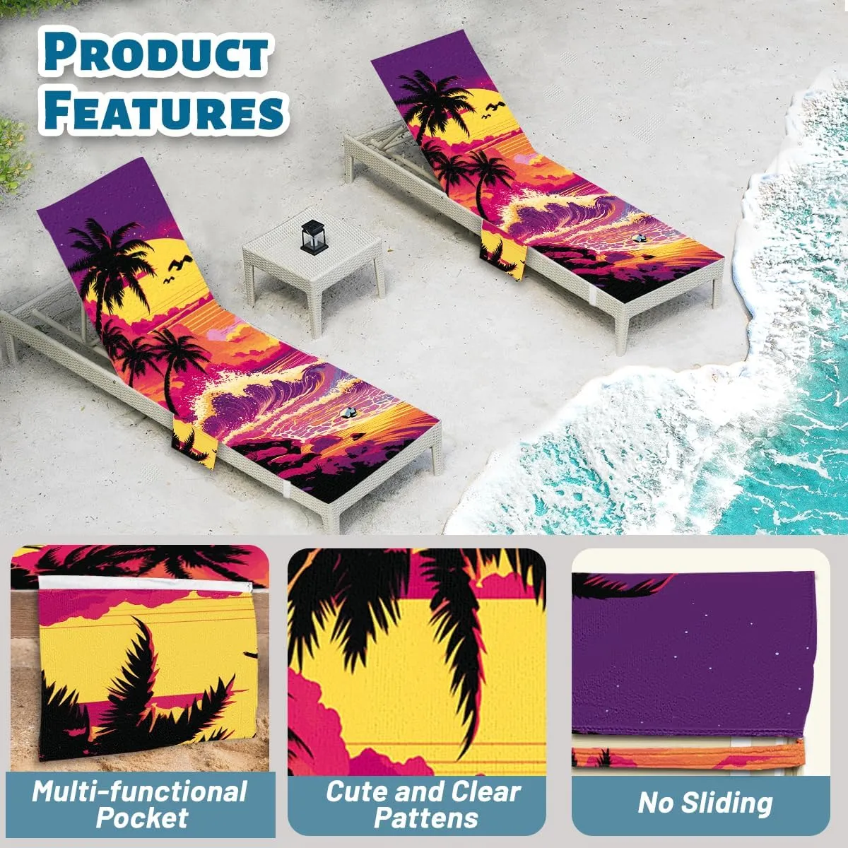 Sunset Lounge Chair Towel Cover, Chaise Lounge Cover, Coconut Trees Beach Chair Covers with Pockets for Pool Sunbathing Beach Garden Courtyard Outdoor Trips, 85" X 30"