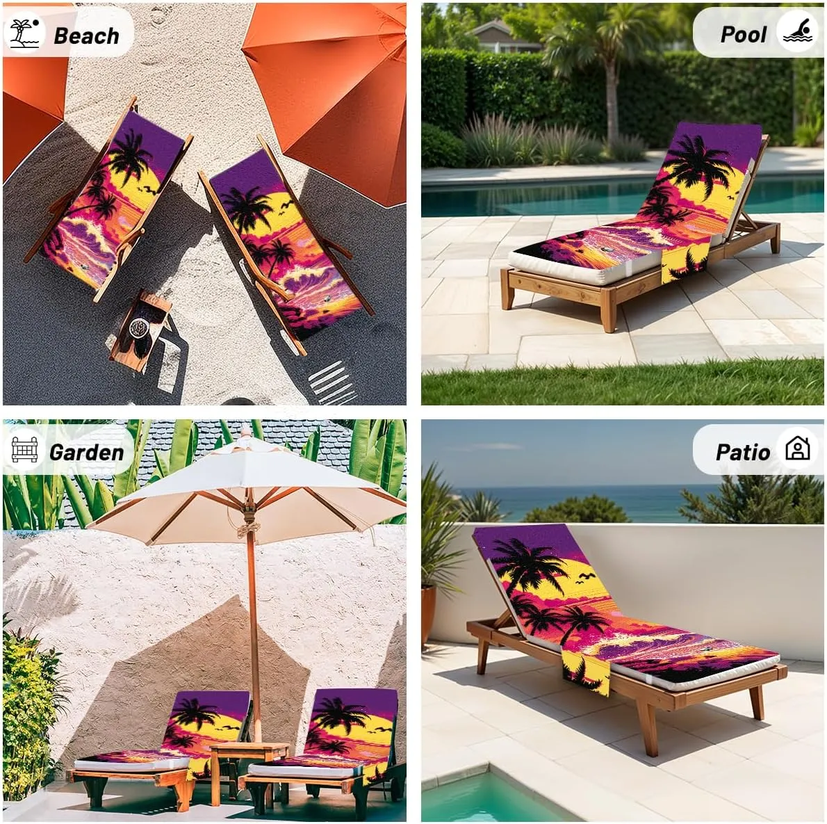 Sunset Lounge Chair Towel Cover, Chaise Lounge Cover, Coconut Trees Beach Chair Covers with Pockets for Pool Sunbathing Beach Garden Courtyard Outdoor Trips, 85" X 30"
