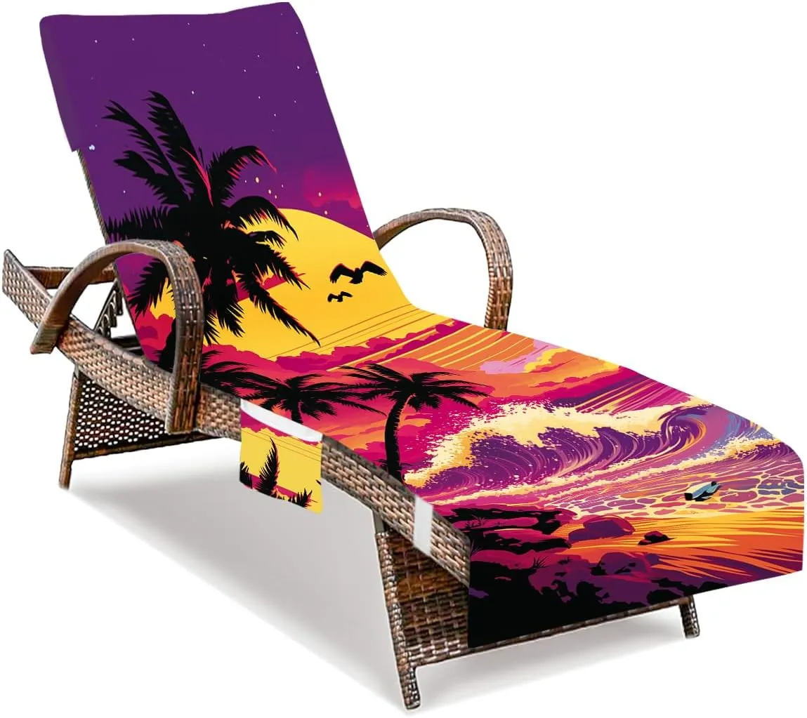 Sunset Lounge Chair Towel Cover, Chaise Lounge Cover, Coconut Trees Beach Chair Covers with Pockets for Pool Sunbathing Beach Garden Courtyard Outdoor Trips, 85" X 30"
