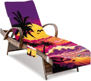 Sunset Lounge Chair Towel Cover, Chaise Lounge Cover, Coconut Trees Beach Chair Covers with Pockets for Pool Sunbathing Beach Garden Courtyard Outdoor Trips, 85" X 30"