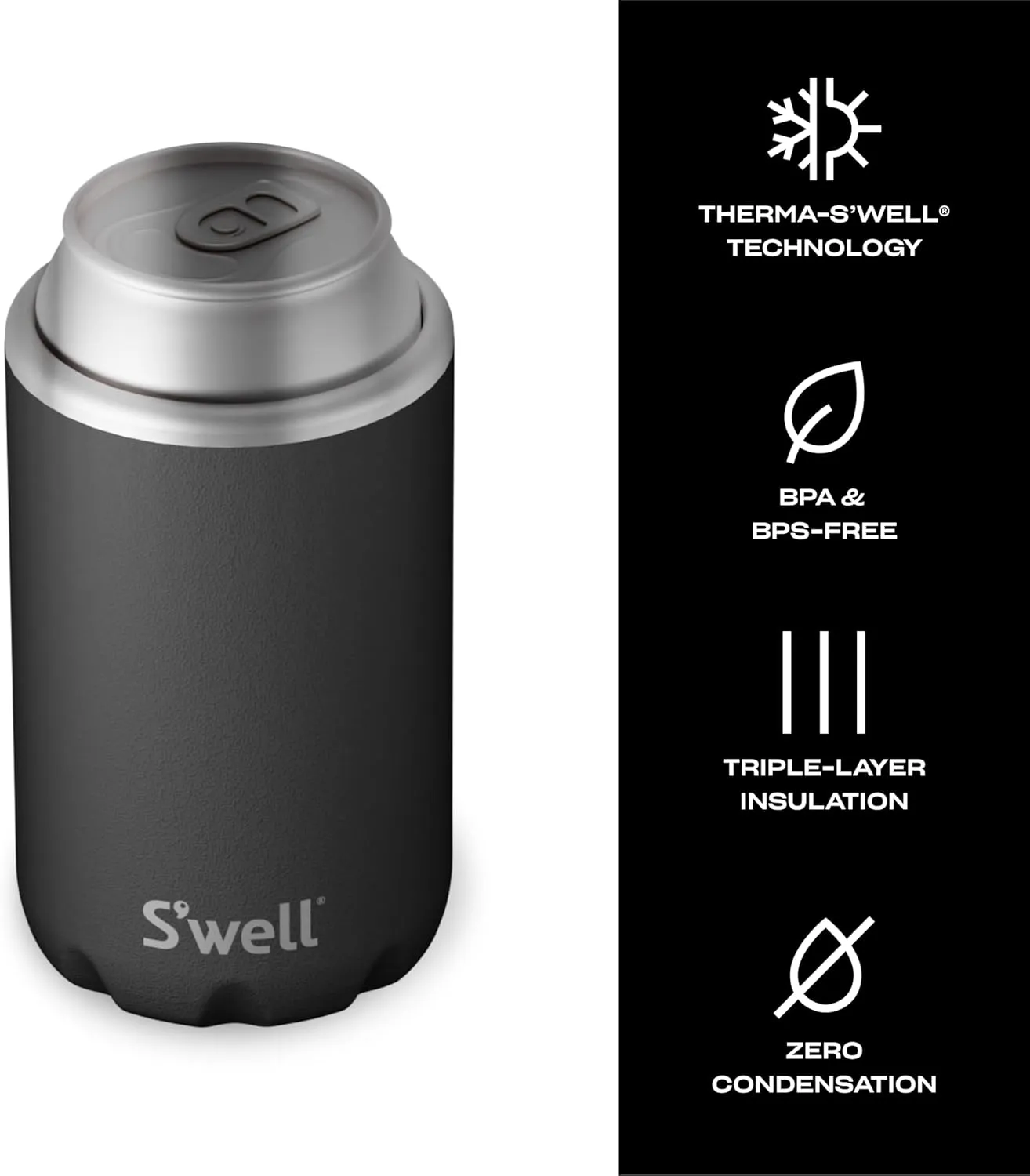 S'well Stainless Steel Drink Chiller, Fits 12oz Cans and Bottles, Onyx, Triple Layered Vacuum Insulated Container Keeps Drinks Cold for Up To 6 Hours, BPA Free