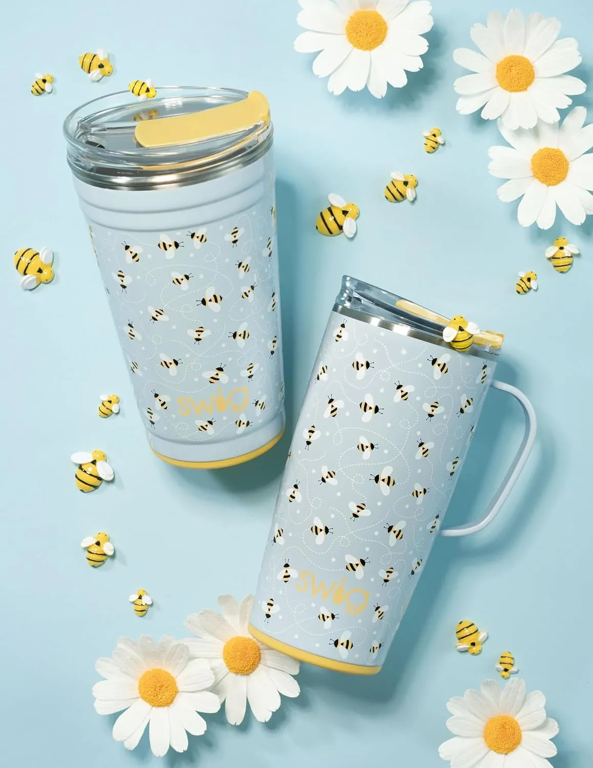 Swig Life 24oz Party Cup, Stackable Insulated Travel Coffee Tumbler with EZ Slider Lid, Cup Holder Friendly Travel Thermos, Stainless Steel 24 oz Tumbler, Reusable Coffee Mug (Busy Bee)