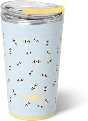 Swig Life 24oz Party Cup, Stackable Insulated Travel Coffee Tumbler with EZ Slider Lid, Cup Holder Friendly Travel Thermos, Stainless Steel 24 oz Tumbler, Reusable Coffee Mug (Busy Bee)