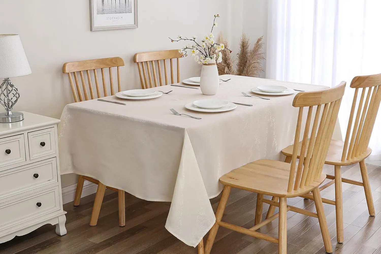 Tablecloth Cream Jacquard Rectangle Table Cloth 54 X 84 Inch, Water Resistant and Wrinkle Free Table Cover for Outdoor,Indoor,Party,Wedding,Dining Room