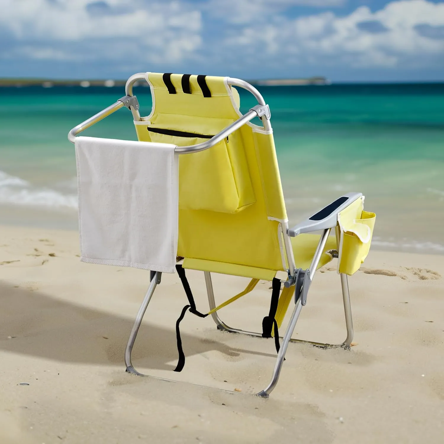Tall Beach Chair,Folding Tall Backpack Beach Chair with 5 Positions,Lightweight Beach Camping Chairs with Cooler Bag,Cup Holders,Towel Bar for Adults (Yellow)