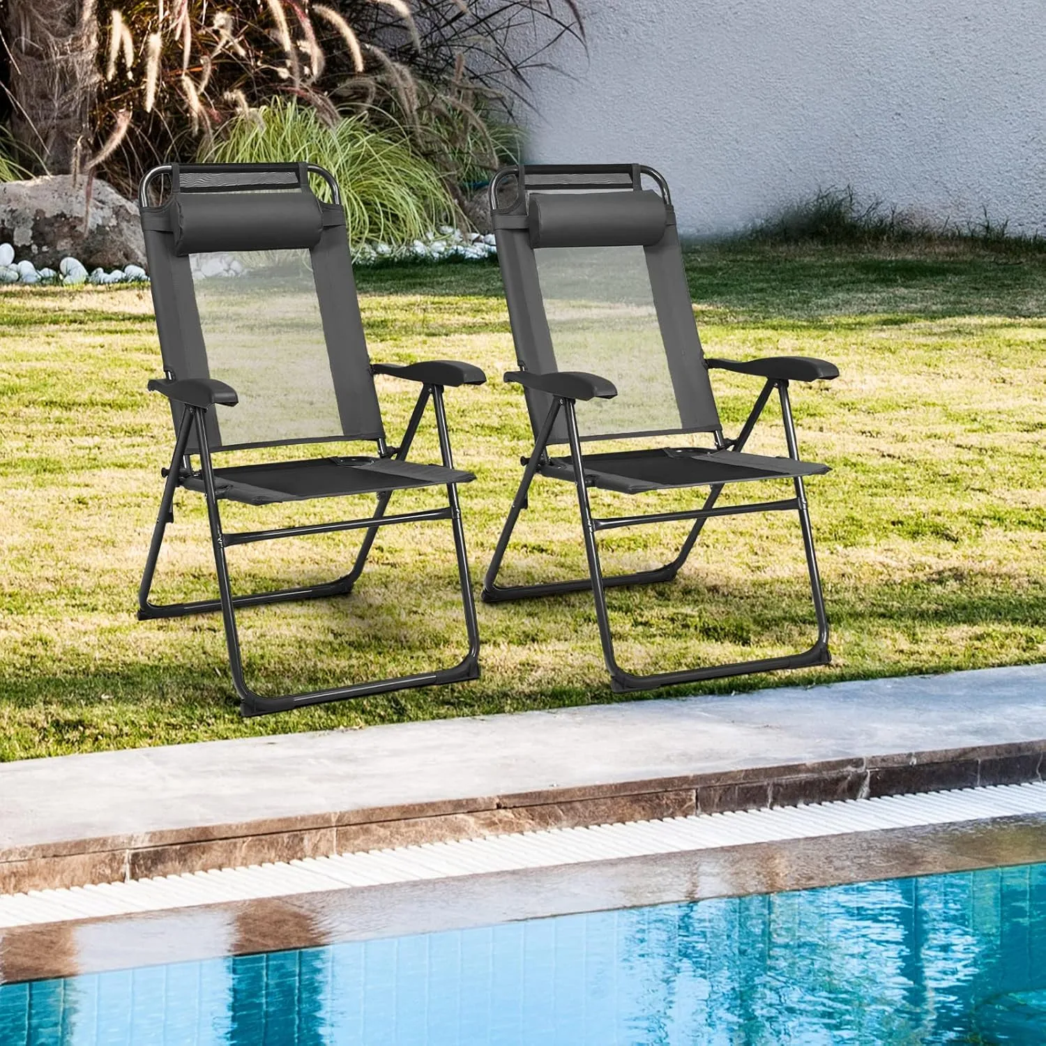 Tangkula Folding Patio Dining Chairs Set of 2, Portable Patio Chairs with 7 Level Adjustable Backrest, Detachable Headrest, Wide Seats, Breathable Mesh Backrest, Outdoor Sling Chairs, 300 Lbs Capacity