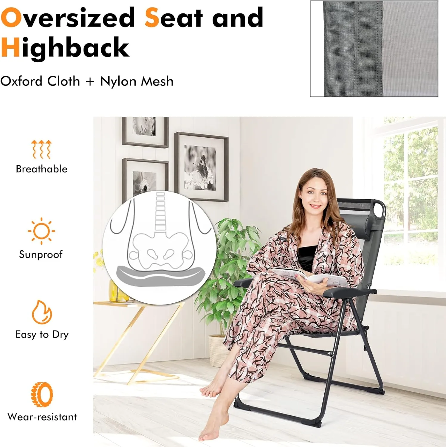 Tangkula Folding Patio Dining Chairs Set of 2, Portable Patio Chairs with 7 Level Adjustable Backrest, Detachable Headrest, Wide Seats, Breathable Mesh Backrest, Outdoor Sling Chairs, 300 Lbs Capacity