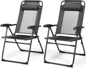 Tangkula Folding Patio Dining Chairs Set of 2, Portable Patio Chairs with 7 Level Adjustable Backrest, Detachable Headrest, Wide Seats, Breathable Mesh Backrest, Outdoor Sling Chairs, 300 Lbs Capacity