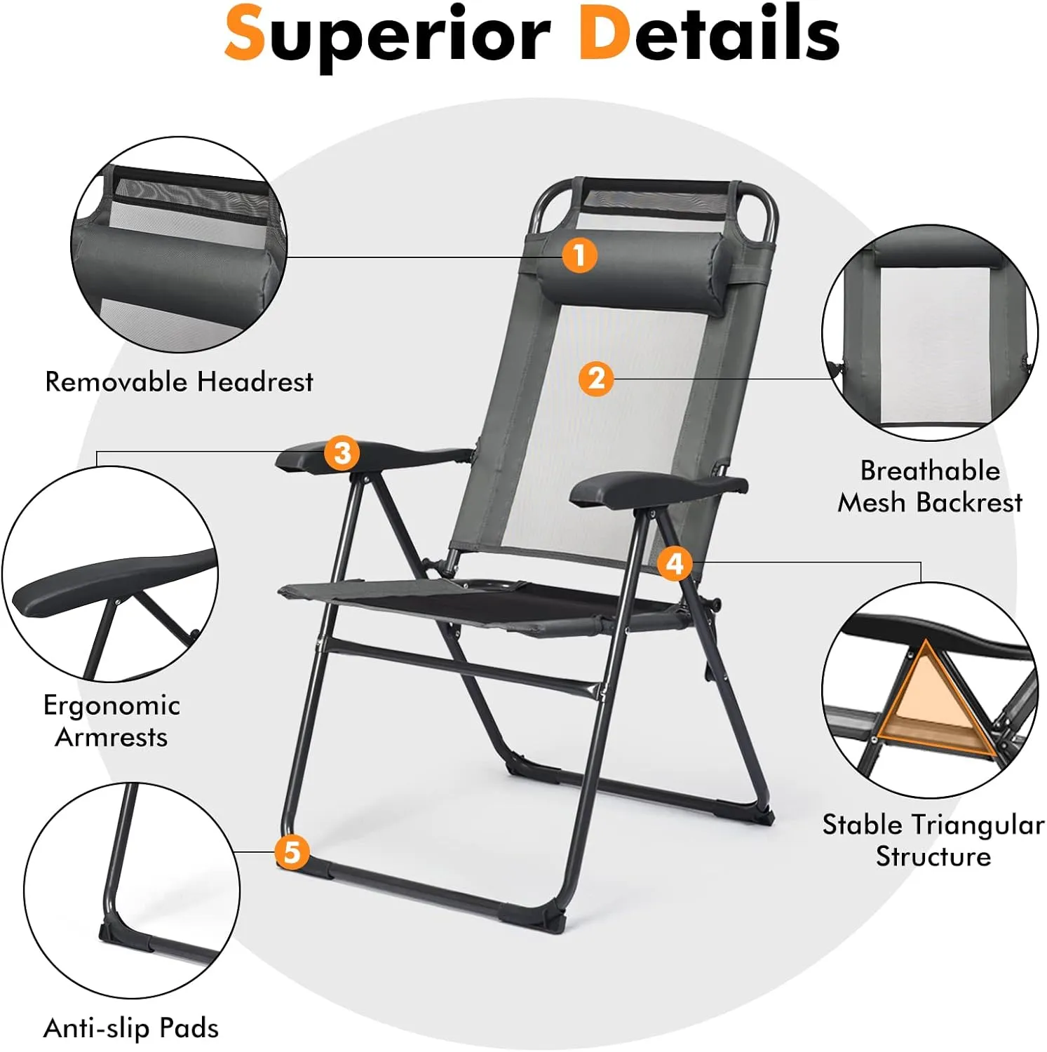Tangkula Folding Patio Dining Chairs Set of 2, Portable Patio Chairs with 7 Level Adjustable Backrest, Detachable Headrest, Wide Seats, Breathable Mesh Backrest, Outdoor Sling Chairs, 300 Lbs Capacity