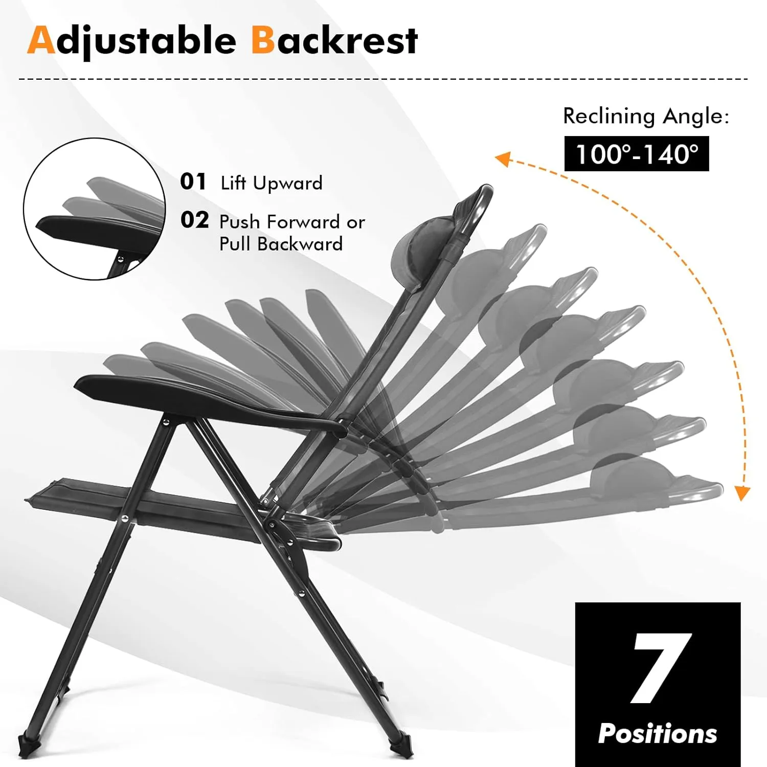 Tangkula Folding Patio Dining Chairs Set of 2, Portable Patio Chairs with 7 Level Adjustable Backrest, Detachable Headrest, Wide Seats, Breathable Mesh Backrest, Outdoor Sling Chairs, 300 Lbs Capacity