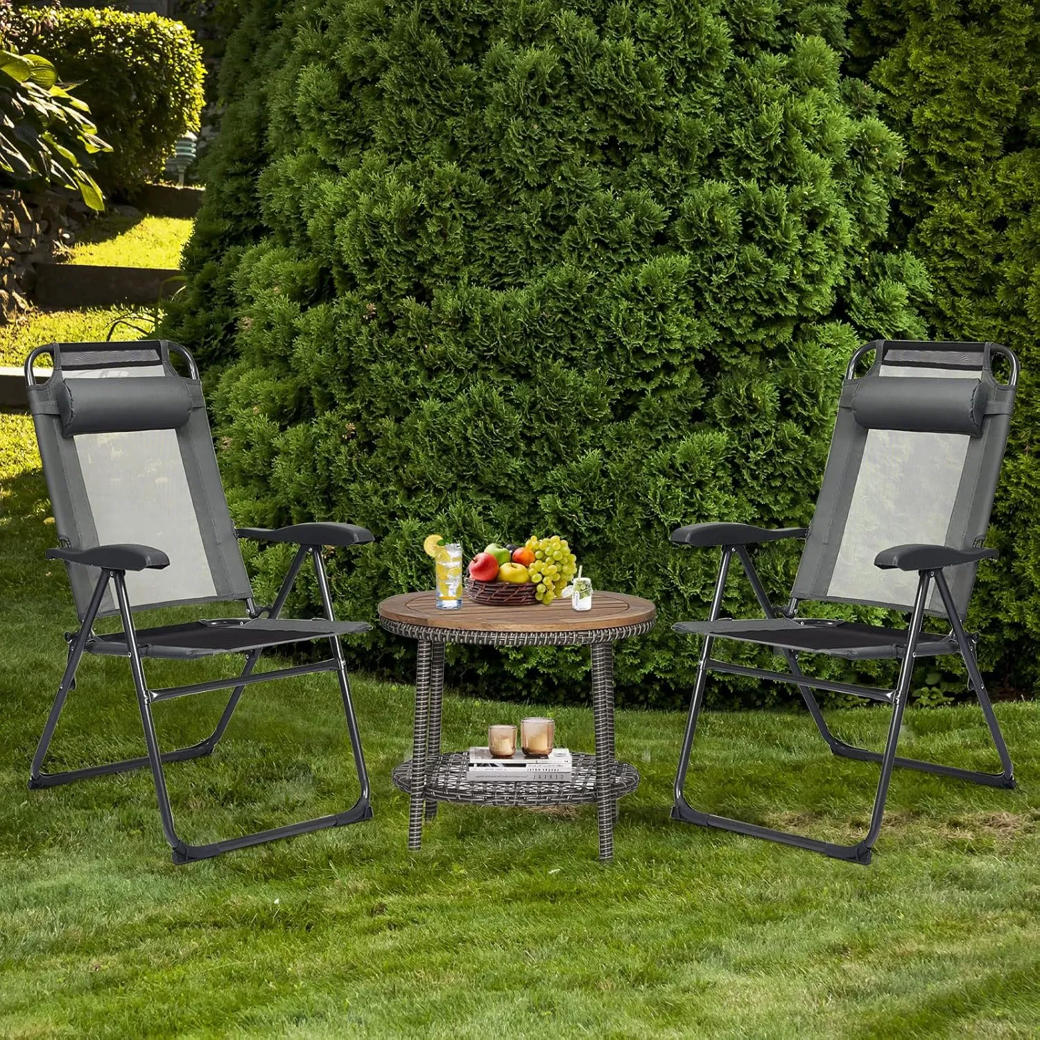 Tangkula Folding Patio Dining Chairs Set of 2, Portable Patio Chairs with 7 Level Adjustable Backrest, Detachable Headrest, Wide Seats, Breathable Mesh Backrest, Outdoor Sling Chairs, 300 Lbs Capacity