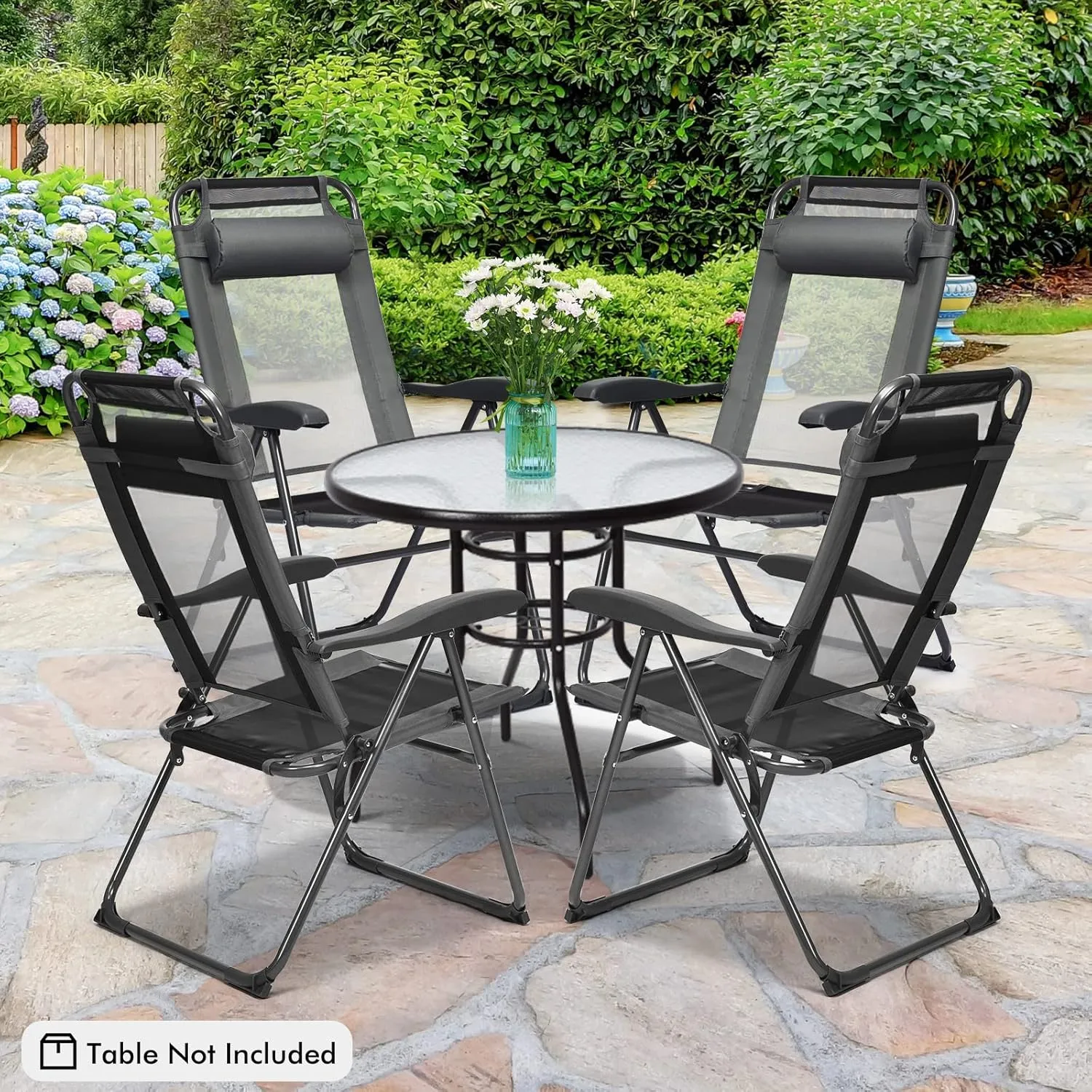 Tangkula Folding Patio Dining Chairs Set of 2, Portable Patio Chairs with 7 Level Adjustable Backrest, Detachable Headrest, Wide Seats, Breathable Mesh Backrest, Outdoor Sling Chairs, 300 Lbs Capacity