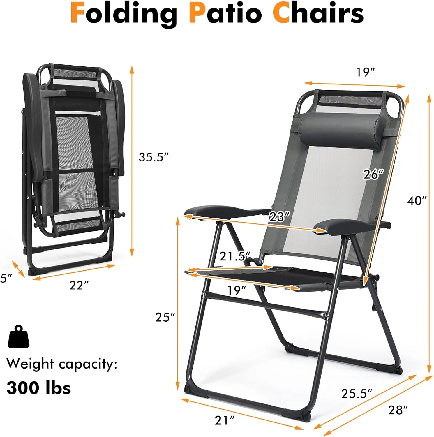 Tangkula Folding Patio Dining Chairs Set of 2, Portable Patio Chairs with 7 Level Adjustable Backrest, Detachable Headrest, Wide Seats, Breathable Mesh Backrest, Outdoor Sling Chairs, 300 Lbs Capacity