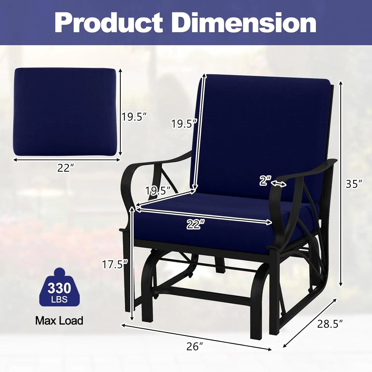 Tangkula Outdoor Patio Glider, Metal Framed Gliding Chair with Cushion, Ergonomic Single-Person Outdoor Patio Chair with Curved Armrest, Smooth Rocking Arms, and Sprayed Finish for Porch, Patio