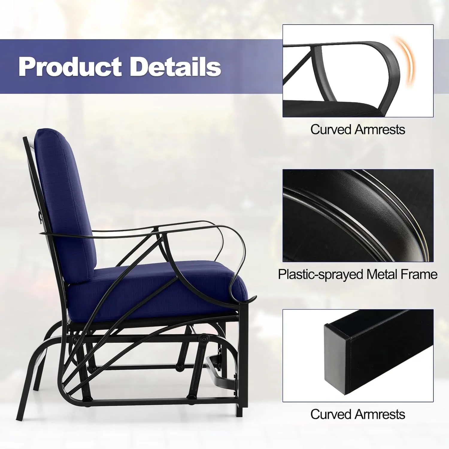 Tangkula Outdoor Patio Glider, Metal Framed Gliding Chair with Cushion, Ergonomic Single-Person Outdoor Patio Chair with Curved Armrest, Smooth Rocking Arms, and Sprayed Finish for Porch, Patio