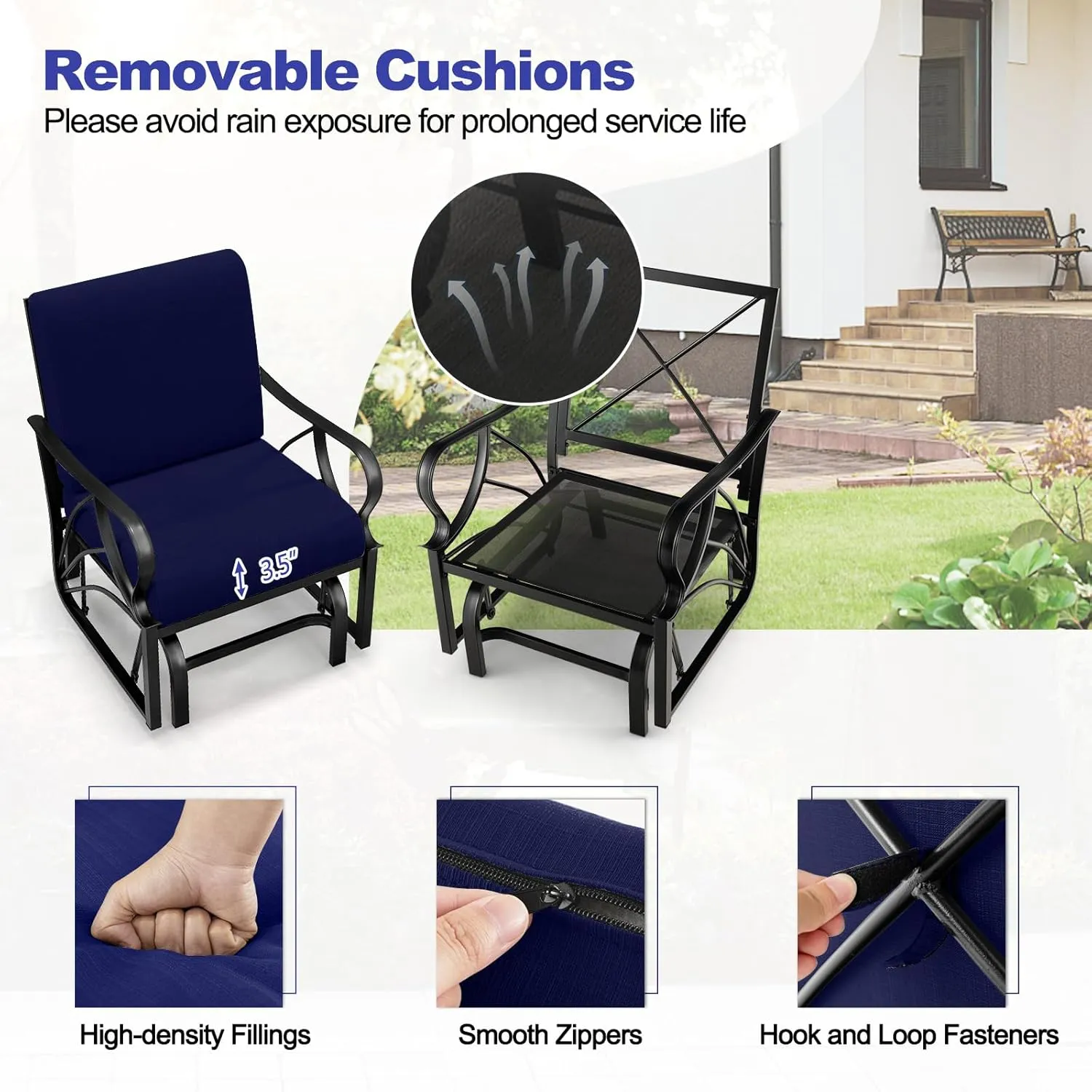 Tangkula Outdoor Patio Glider, Metal Framed Gliding Chair with Cushion, Ergonomic Single-Person Outdoor Patio Chair with Curved Armrest, Smooth Rocking Arms, and Sprayed Finish for Porch, Patio