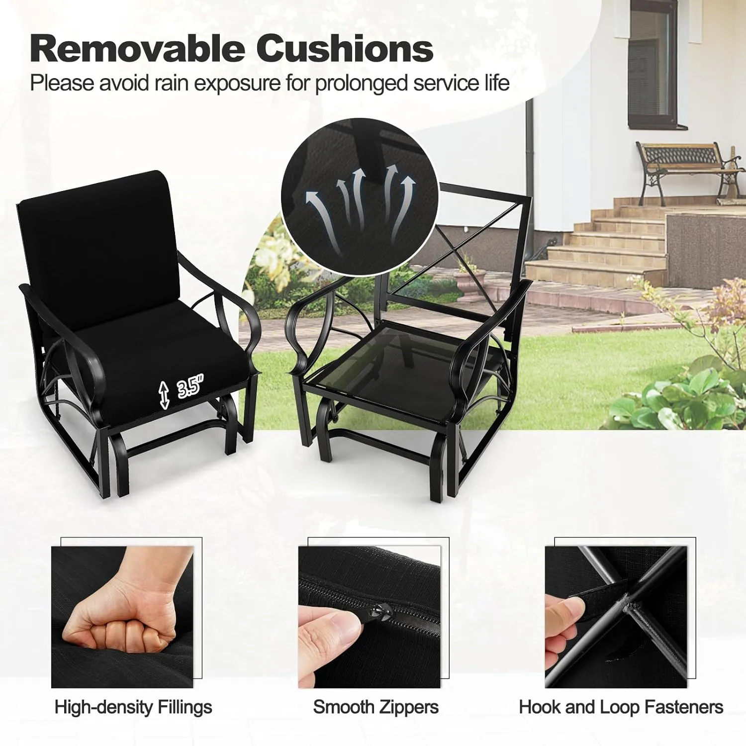 Tangkula Outdoor Patio Glider, Metal Framed Gliding Chair with Cushion, Ergonomic Single-Person Outdoor Patio Chair with Curved Armrest, Smooth Rocking Arms for Porch, Patio (2)