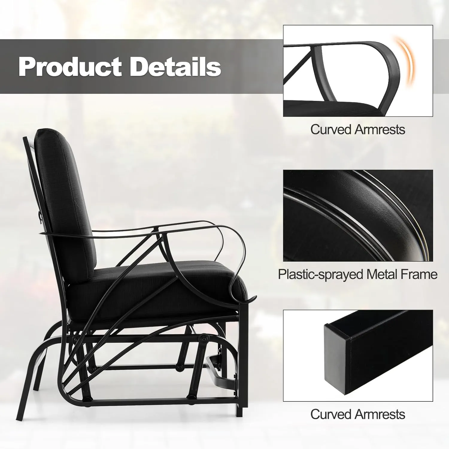 Tangkula Outdoor Patio Glider, Metal Framed Gliding Chair with Cushion, Ergonomic Single-Person Outdoor Patio Chair with Curved Armrest, Smooth Rocking Arms for Porch, Patio (2)