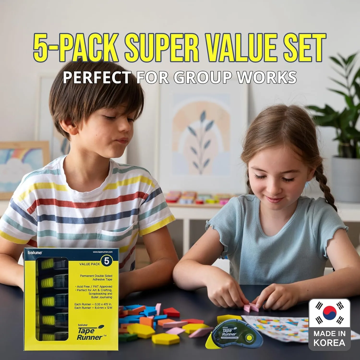 Tape Runner - Double Sided Adhesive with Dispenser Roller Included - Acid Free, Sticky, Clear & Transparent - Ideal for Scrapbooking, Crafts & More - Boomerang (417 inches per cartridge), 5 Cartridges