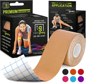 TapeGeeks Kinesiology Tape Athletic Tape Hypoallergenic Kinesiology Tape Sports Tape Kinesiology Tape Waterproof, Body Tape Kinesiology Skin Tape Physio Tape Roll Kinesiology Tape for Knees