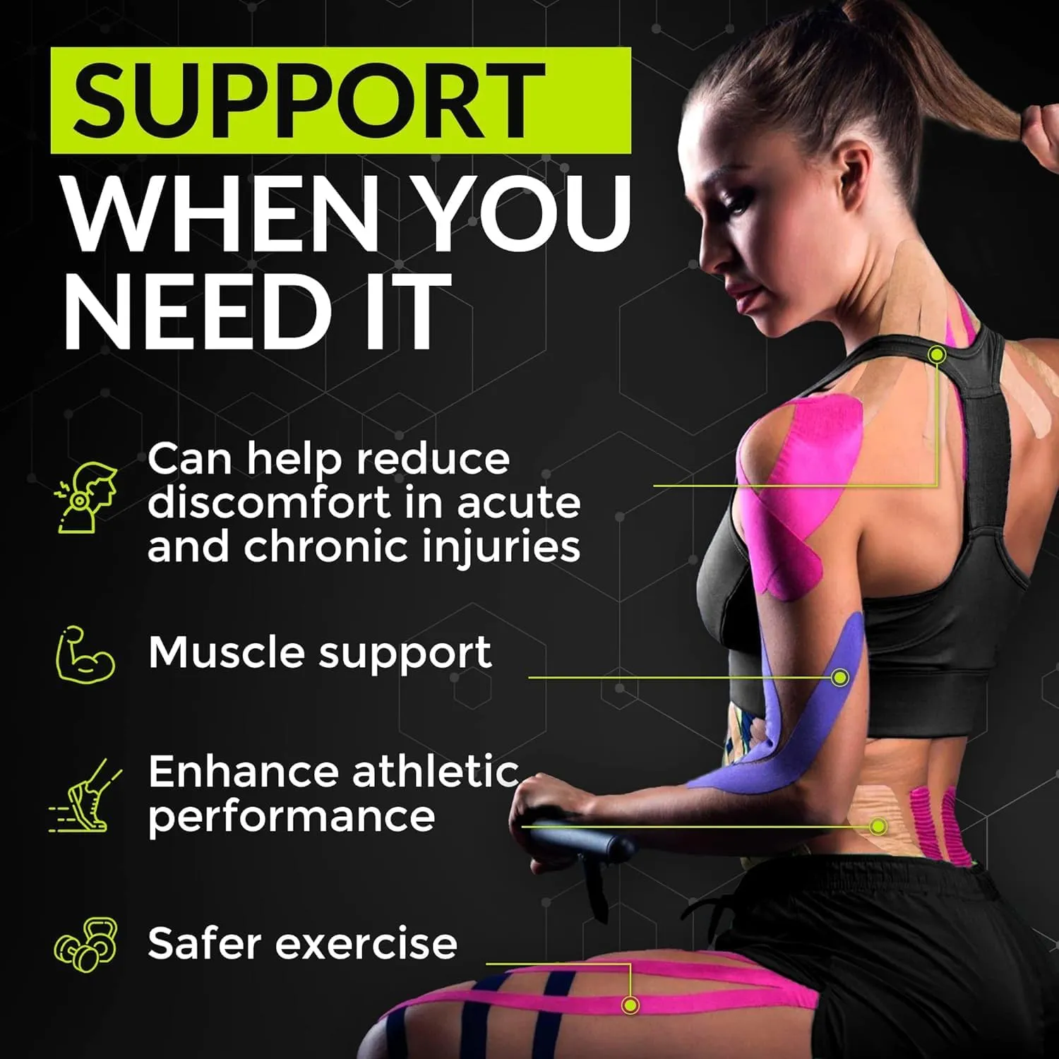 TapeGeeks Kinesiology Tape Athletic Tape Hypoallergenic Kinesiology Tape Sports Tape Kinesiology Tape Waterproof, Body Tape Kinesiology Skin Tape Physio Tape Roll Kinesiology Tape for Knees