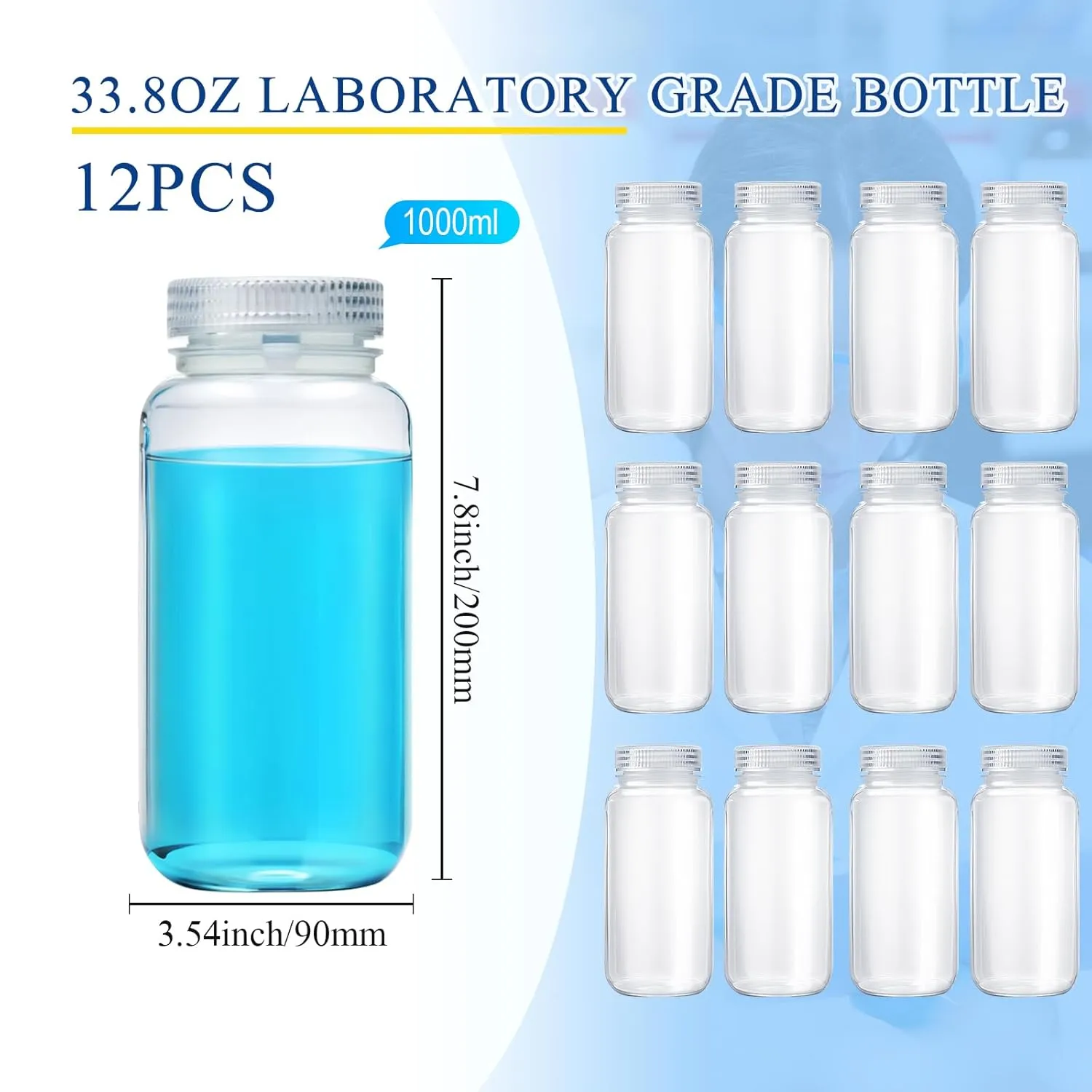 Tatuo 12 Pcs 32 oz 1000ml Polypropylene Wide Mouth Reagent Bottle Plastic Sample Bottles with Screw Caps Translucent PP Sample Containers with Lid for Liquids, Laboratory, Classroom, Storage at Home