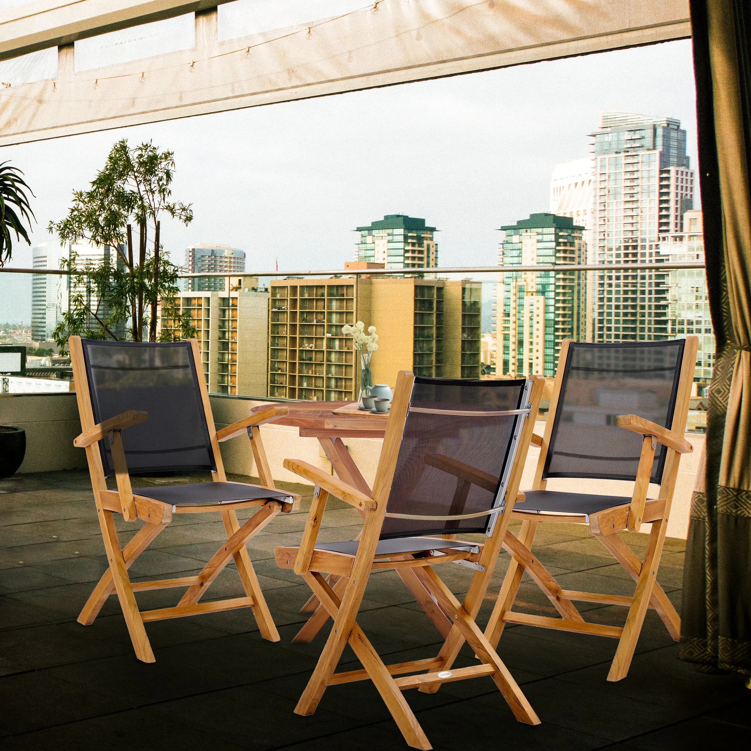 Teak Wood Miami Folding Arm Chair, Black (Set of 2)