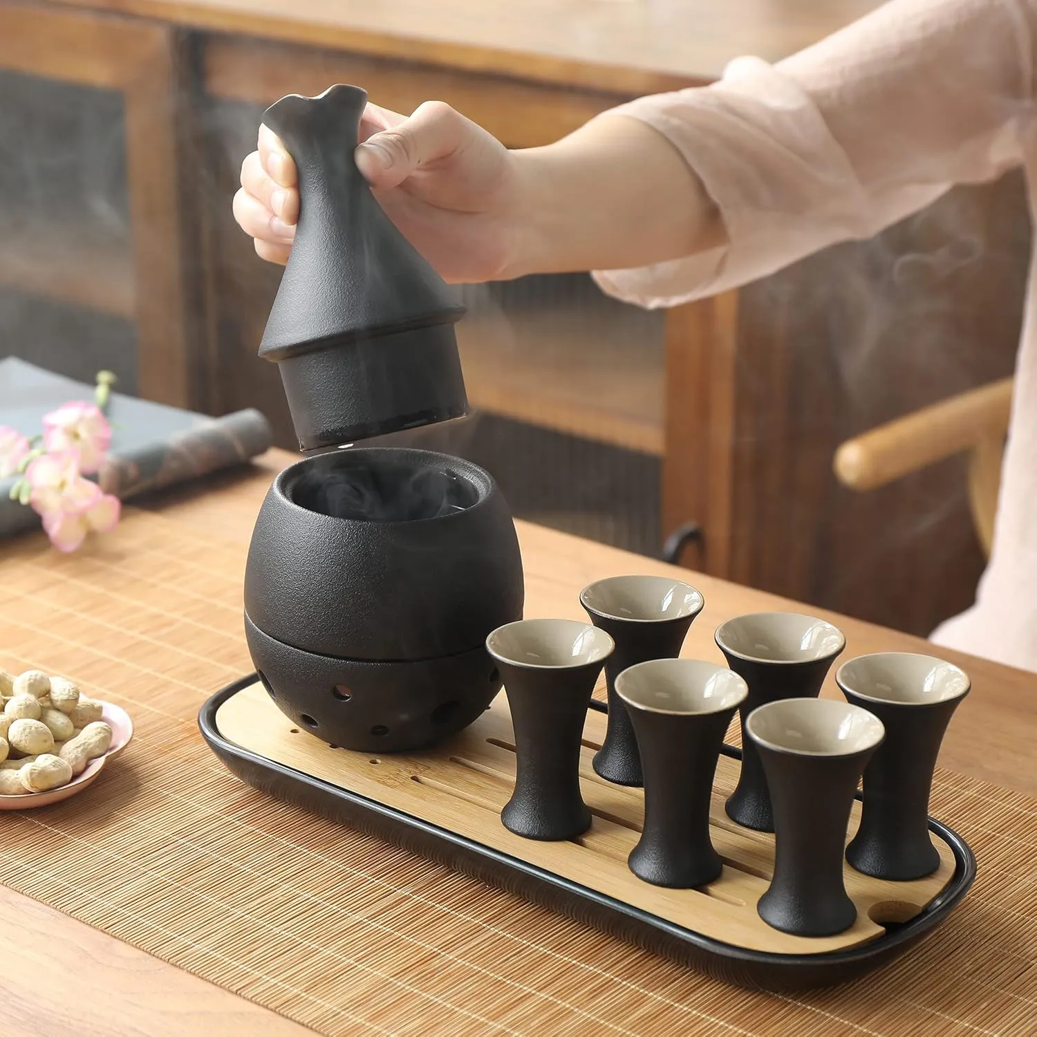 TEANAGOO 10 Pcs Sake Set, Sake Cups(0.9 Oz) with Bamboo Tray, Saki Cup Set with Warmer Pot(6 Oz), Sake Warmer Gift Sets for Friends/Family in Winter. Sake Set with Warmer for Christmas, Birthday, T2