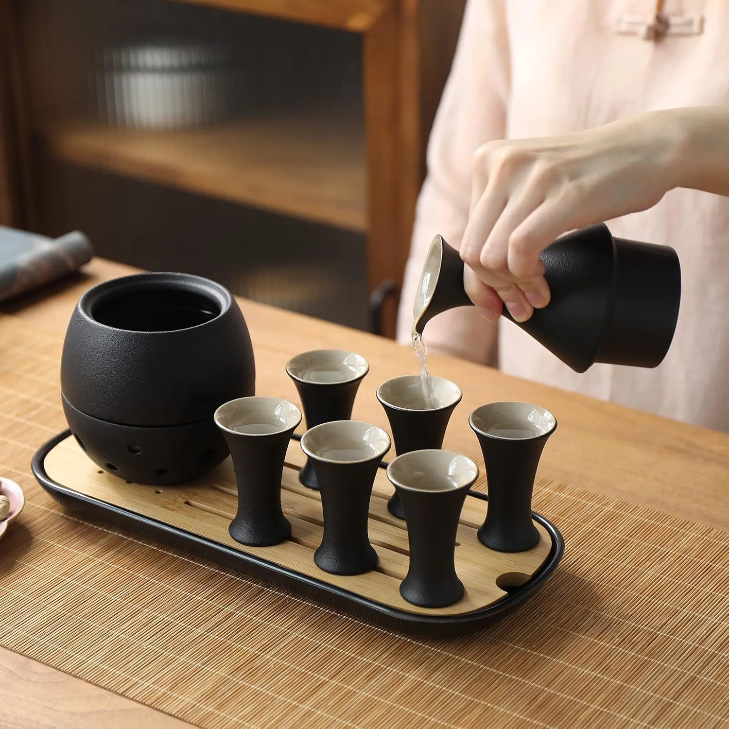 TEANAGOO 10 Pcs Sake Set, Sake Cups(0.9 Oz) with Bamboo Tray, Saki Cup Set with Warmer Pot(6 Oz), Sake Warmer Gift Sets for Friends/Family in Winter. Sake Set with Warmer for Christmas, Birthday, T2