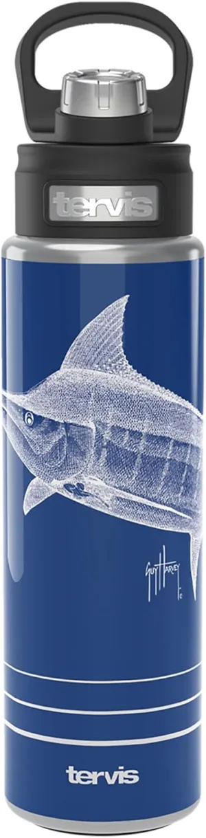 Tervis Guy Harvey Ink Marlin Triple Walled Insulated Tumbler Travel Cup Keeps Drinks Cold, 24oz Wide Mouth Bottle, Stainless Steel