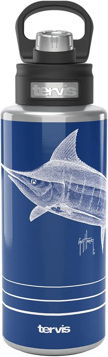 Tervis Guy Harvey Ink Marlin Triple Walled Insulated Tumbler Travel Cup Keeps Drinks Cold, 32oz Wide Mouth Bottle, Stainless Steel