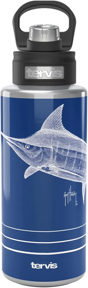Tervis Guy Harvey Ink Marlin Triple Walled Insulated Tumbler Travel Cup Keeps Drinks Cold, 32oz Wide Mouth Bottle, Stainless Steel