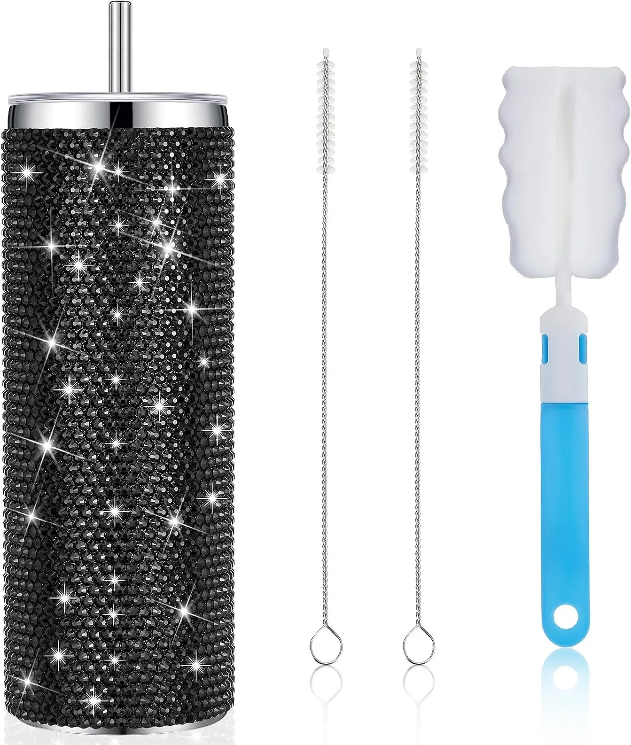 Tessco Bling Cups Rhinestones Tumbler with Straw Glitter Water Bottle Stainless Steel Straw Tumbler Insulated Bling Cup with Lid Brush for Teacher Graduation Season Gifts(20 oz,Black)