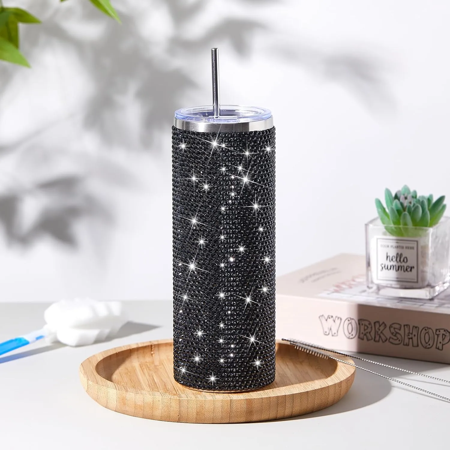 Tessco Bling Cups Rhinestones Tumbler with Straw Glitter Water Bottle Stainless Steel Straw Tumbler Insulated Bling Cup with Lid Brush for Teacher Graduation Season Gifts(20 oz,Black)
