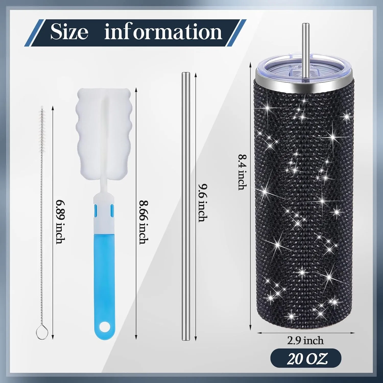 Tessco Bling Cups Rhinestones Tumbler with Straw Glitter Water Bottle Stainless Steel Straw Tumbler Insulated Bling Cup with Lid Brush for Teacher Graduation Season Gifts(20 oz,Black)