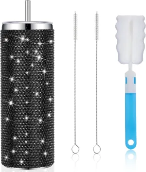 Tessco Bling Cups Rhinestones Tumbler with Straw Glitter Water Bottle Stainless Steel Straw Tumbler Insulated Bling Cup with Lid Brush for Teacher Graduation Season Gifts(20 oz,Black)