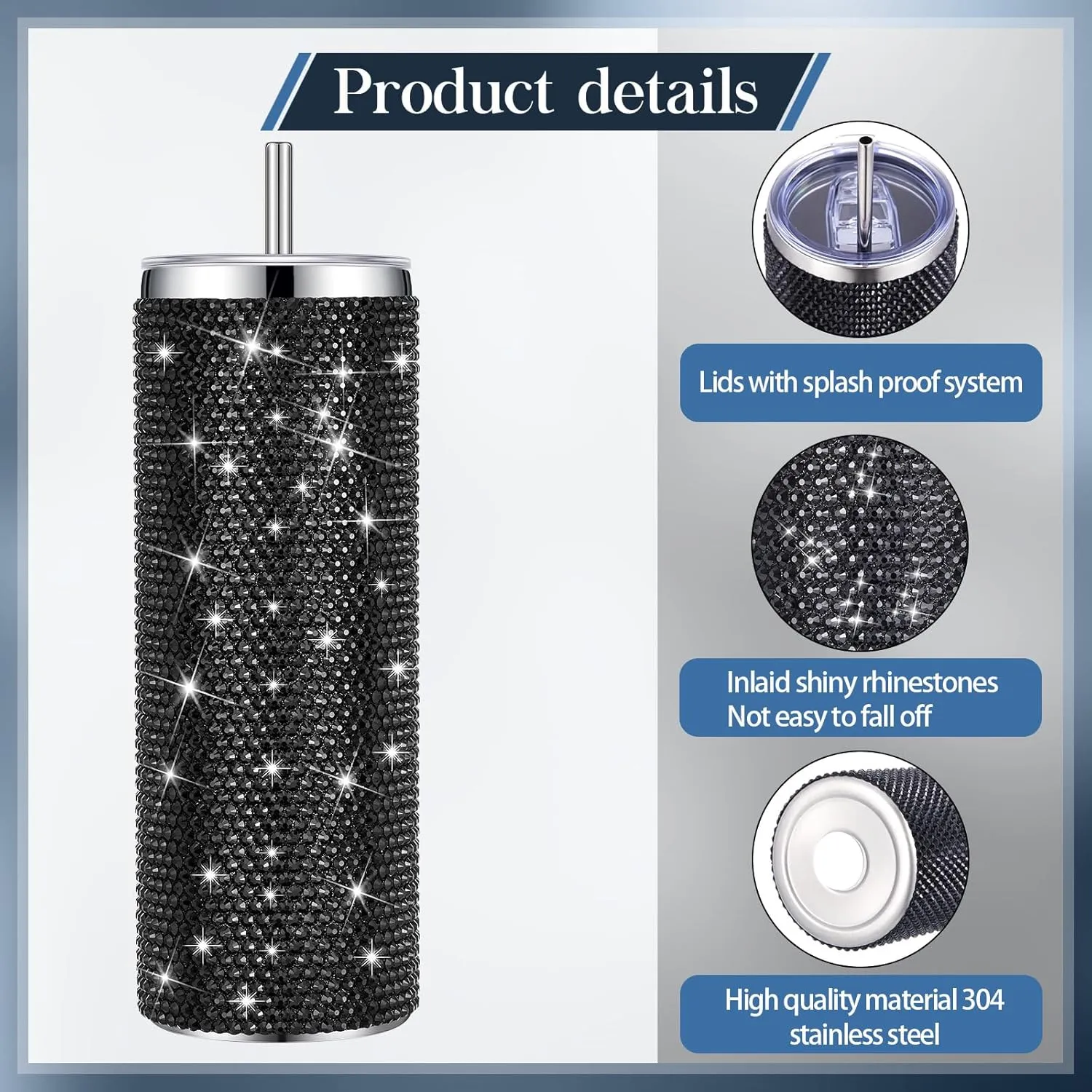 Tessco Bling Cups Rhinestones Tumbler with Straw Glitter Water Bottle Stainless Steel Straw Tumbler Insulated Bling Cup with Lid Brush for Teacher Graduation Season Gifts(20 oz,Black)