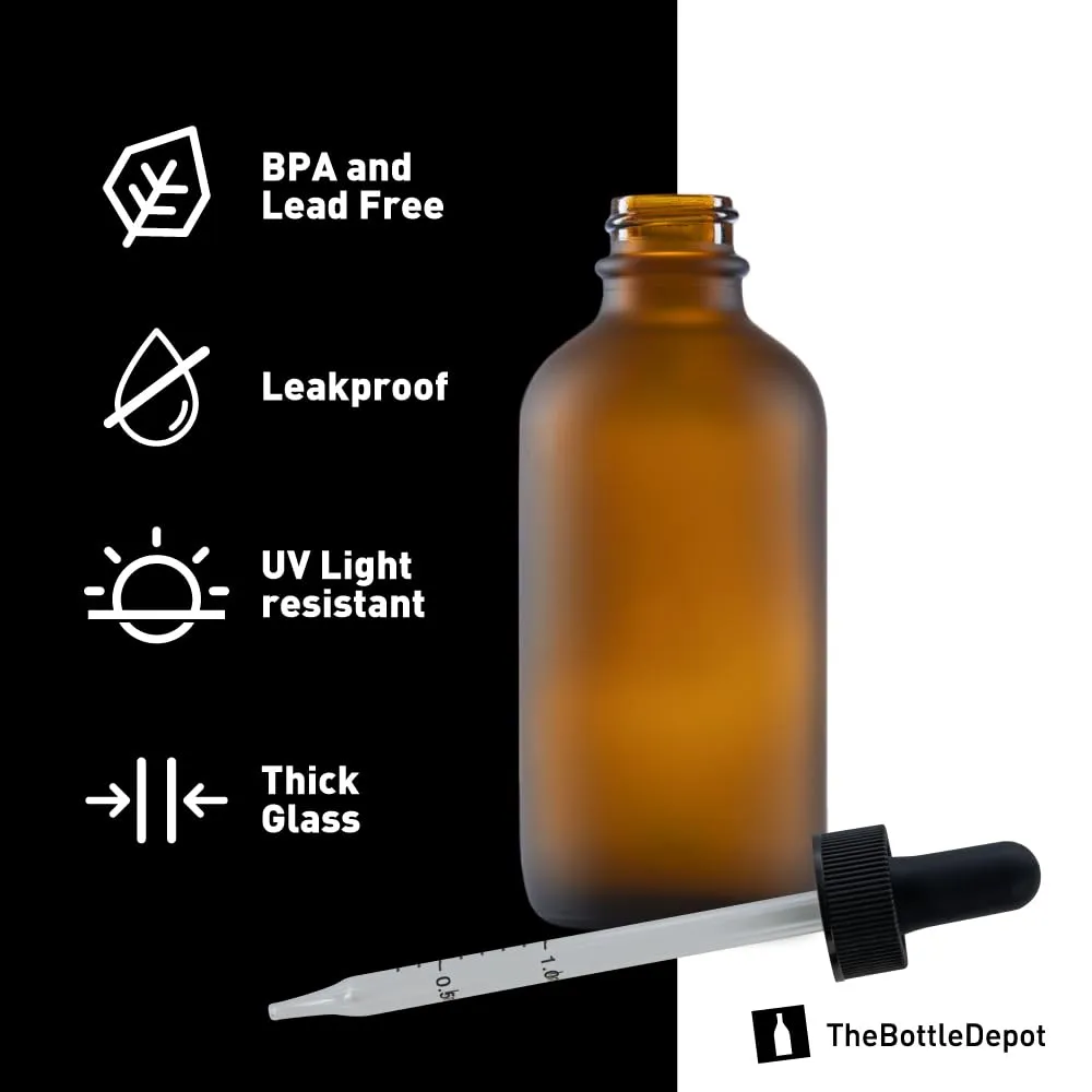 The Bottle Depot - 12 Pack - 4 oz Glass Bottle with Dropper - Amber Frosted - 22-400 Neck Finish - Boston Round Bottles - UV Rays Protection