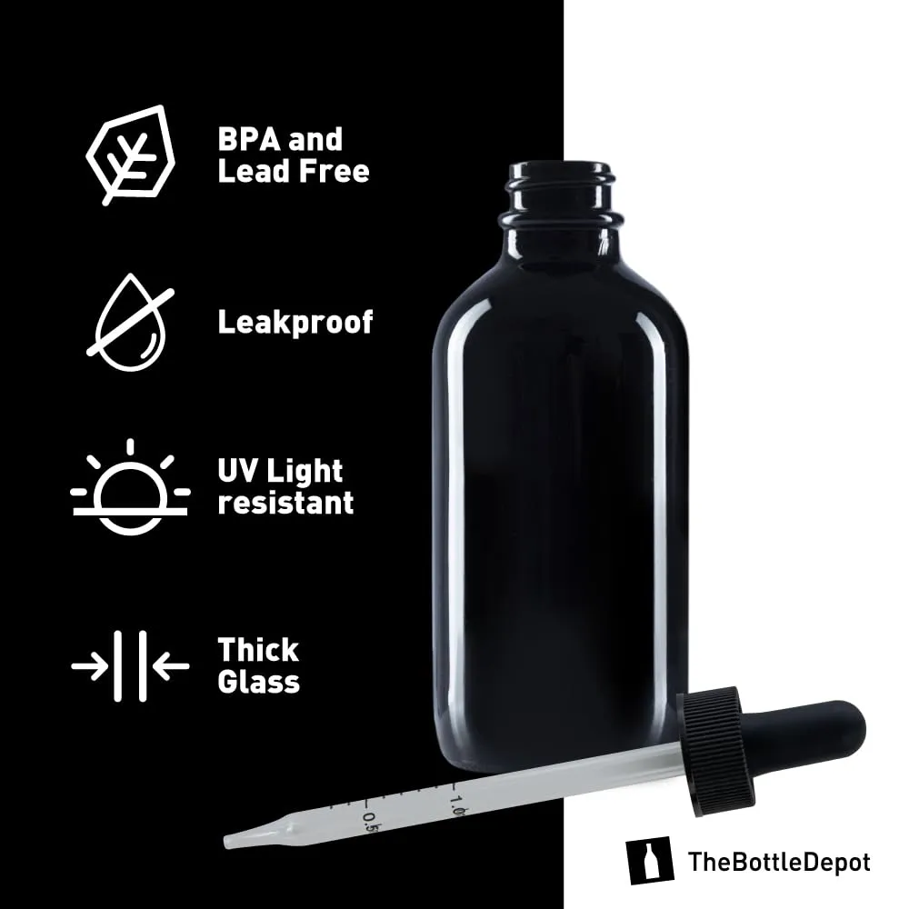 The Bottle Depot - 12 Pack - 4 oz Glass Bottle with Dropper - Black UV - 22-400 Neck Finish - Boston Round Bottles - UV Rays Protection