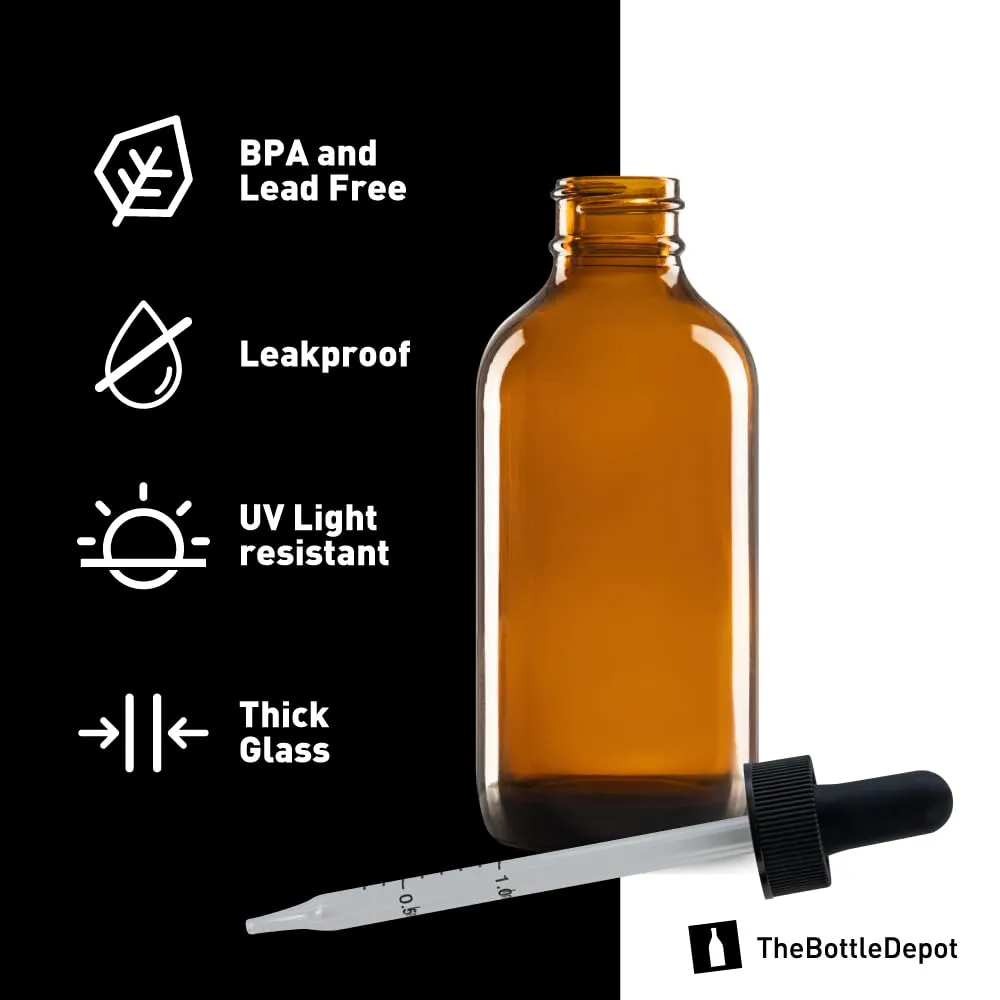 The Bottle Depot - 12 Pack - 4 oz Glass Bottle with Dropper - Clear Amber - 22-400 Neck Finish - Boston Round Bottles - UV Rays Protection