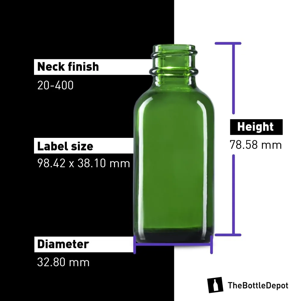 The Bottle Depot - 24 Pack - 1 oz Glass Bottle With Cap - Green - 20-400 Neck Finish - Boston Round Bottles - UV Rays Protection