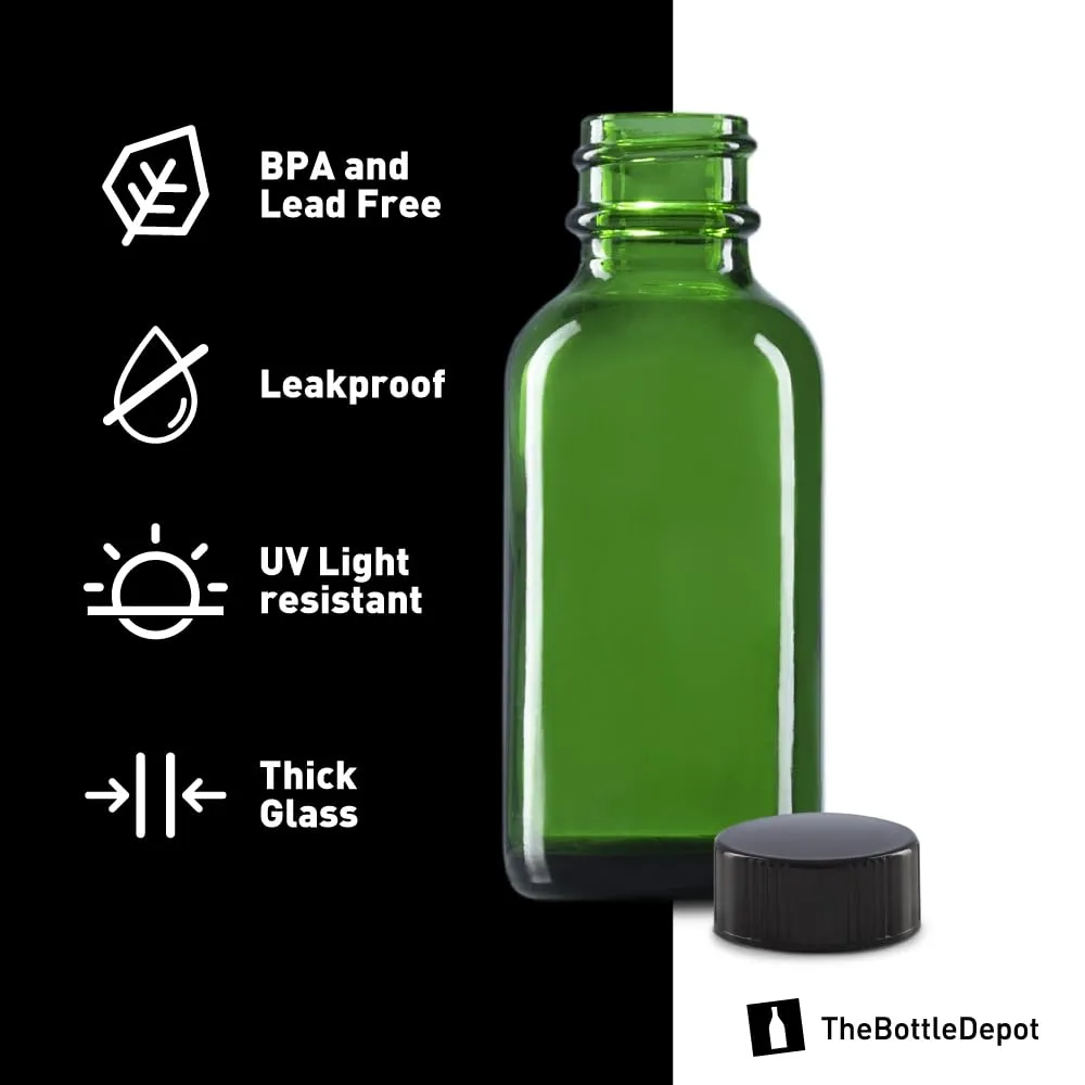 The Bottle Depot - 24 Pack - 1 oz Glass Bottle With Cap - Green - 20-400 Neck Finish - Boston Round Bottles - UV Rays Protection