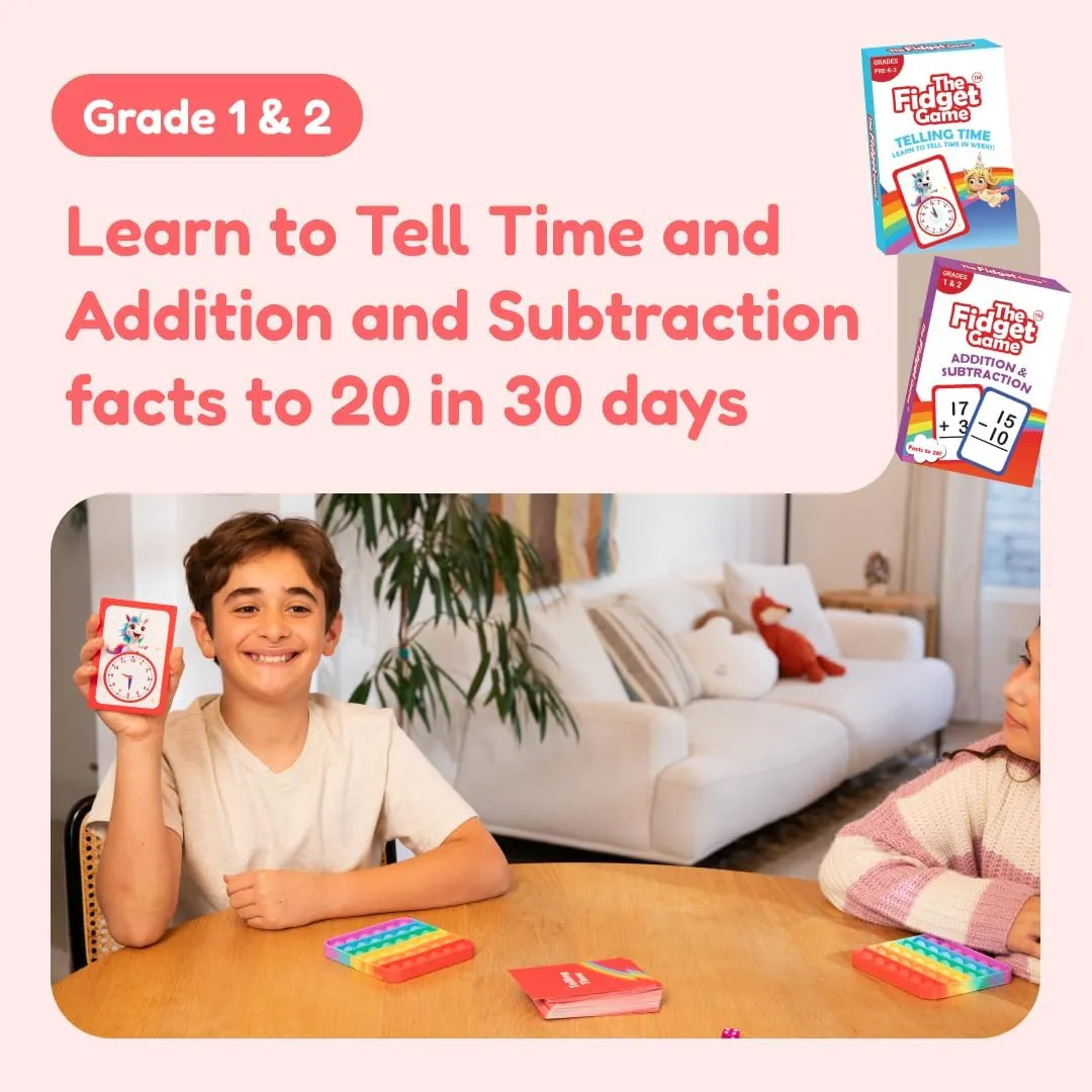 THE FIDGET GAME Grades 1 and 2 Learning Bundle - Flashcards and Pop Fidget Toys for Kids - Learning Activities and Games for High-Frequency Dolch Sight Words, Math, and Time - Includes Mats and Dice