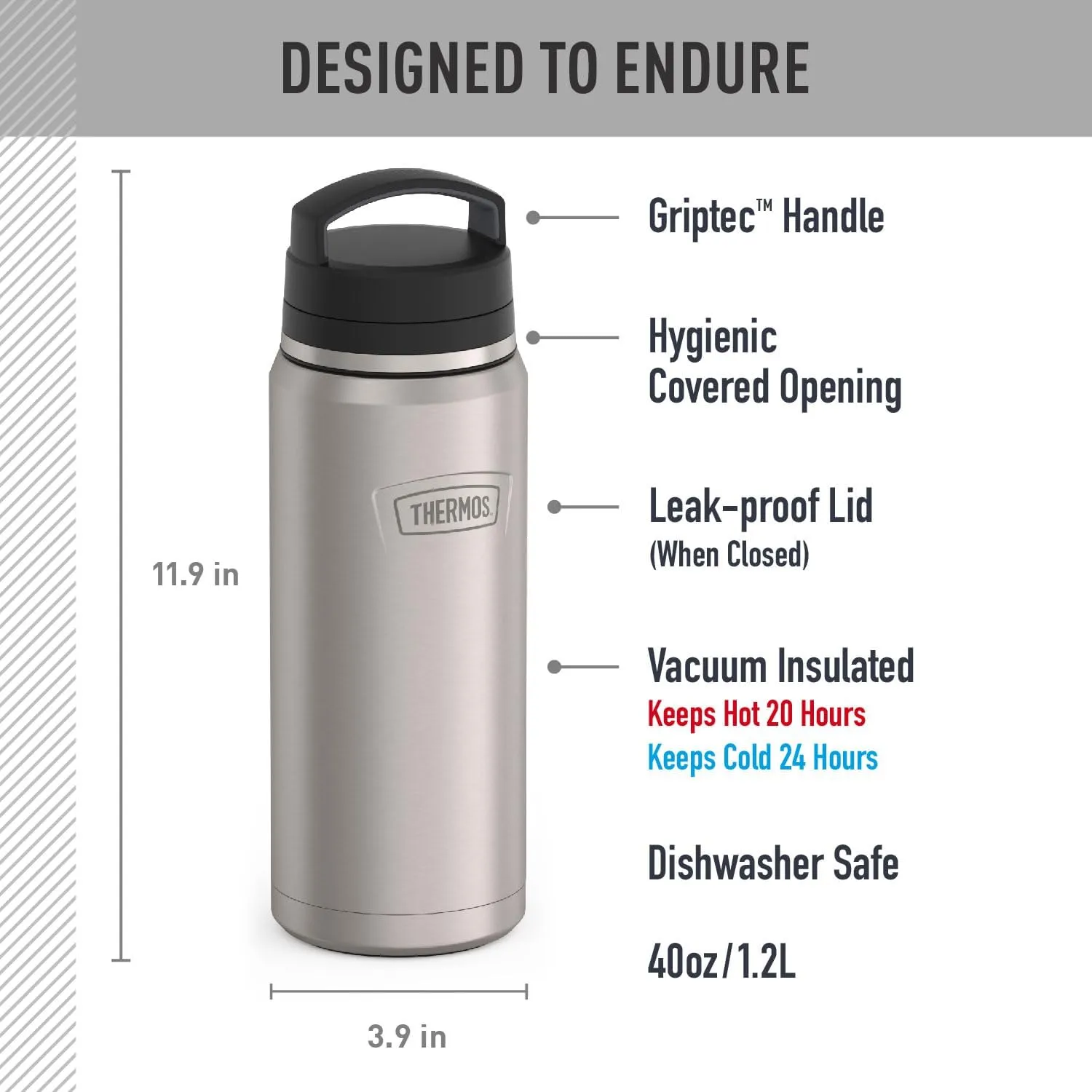 THERMOS ICON SERIES, Stainless Steel Dual Temperature Beverage Bottle, 40 oz, Matte Stainless Steel